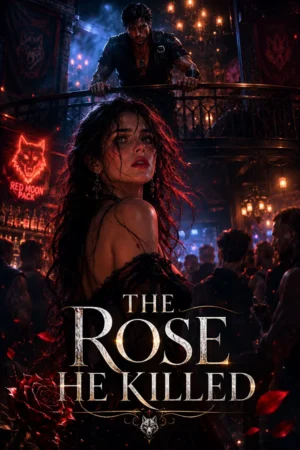 The Rose He Killed — a woman with wild eyes standing in a dim bar, watching a furious Alpha across the room, dark werewolf romance novel cover