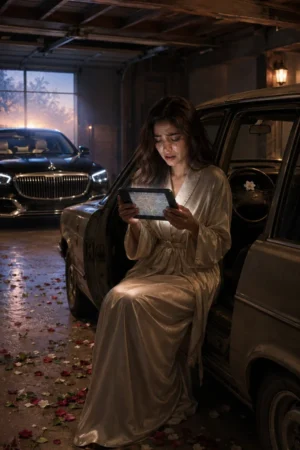 A wife discovering her husband's hidden navigation history in an old car at dawn — My Husband Built Her the Same Garden on TrendNovel