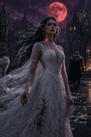 A Luna Queen in a torn wedding gown dropping her mate's ring under a blood moon — He Marked Me, Then Forced Me to Bow to His Mistress on TrendNovel