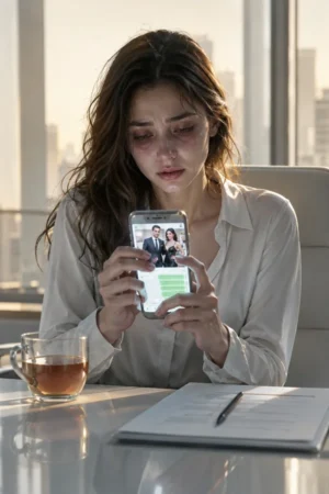 Hannah staring at phone seeing her husband praised online with his ex while he ignored her — He Never Ran Out of Words Just for Me on TrendNovel