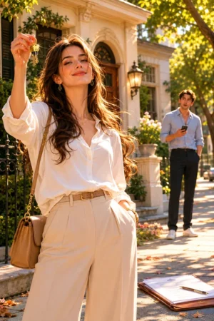 A woman holding house keys triumphantly outside her home — He Wanted to Sell Our House for Her Trip I Bought It Instead on TrendNovel