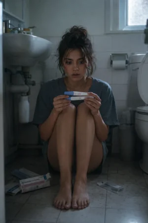 Khloe holding pregnancy test on bathroom floor realizing she was the villain — I Saw The Comments Calling Me Evil And Realized I Was Pregnant TrendNovel