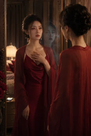 A woman seeing a second ghostly face appear beside her own in the mirror — I Saw Two Faces In My Husband's Heart on TrendNovel