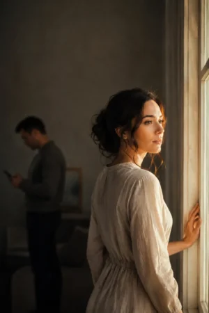 Woman turning toward sunlight as her indifferent husband fades behind her — cover of I Stopped Chasing Him After Ten Years And Never Looked Back