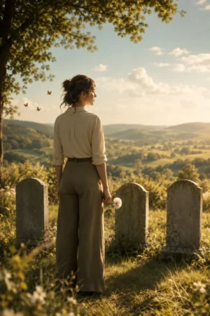 Joyce standing at her parents grave with three butterflies after choosing her adoptive family over her biological brother — My Brother Never Gave Me a Home TrendNovel