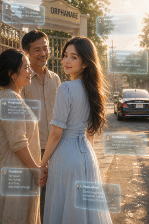 A reborn girl at orphanage gates with glowing comment overlays as her sister drives away — My Sister Stole My Life After Reading the Comments on TrendNovel