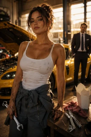 An unbothered woman mechanic holding a wrench as her ex stands helpless behind her — My Swiss Knife Her Scar His Wedding Day on TrendNovel