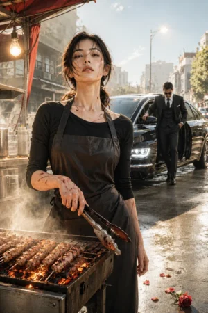 A scarred woman standing defiantly at her grill stall as a mafia boss approaches — No Longer Your Rose on TrendNovel