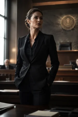 Suing My Ex, The Don — a confident female attorney standing in a courtroom, quiet power and revenge in her eyes, mafia romance novel cover