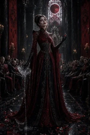 A regal Blood Heiress in crimson gothic gown shattering a sacred bowl in a vampire court — The Blood Heiress They Sent to Her Death on TrendNovel