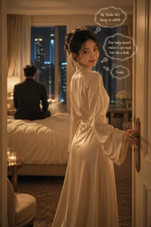 A woman glancing back with a smile as glowing thought bubbles reveal her sugar daddy's hidden feelings — The Contract Said Leave After, His Mind Said Please Stay on TrendNovel