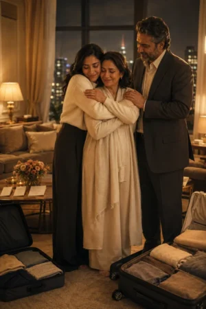 A daughter embracing her parents in a warm apartment choosing family over her selfish fiancé — The Day I Chose My Parents Over My Fiance on TrendNovel