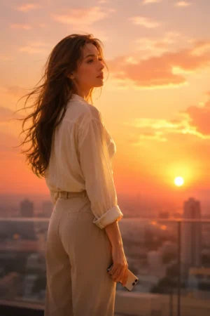 A woman standing alone at golden hour holding her phone down — cover image for The Day I Stopped Sending Him Sunsets on TrendNovel