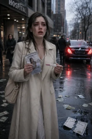 A devastated pregnant woman holding an abortion flyer outside a hospital as her fake husband drives away — The Fake Marriage, the Real Mistress, and the Baby He Wants Me to Abort on TrendNovel