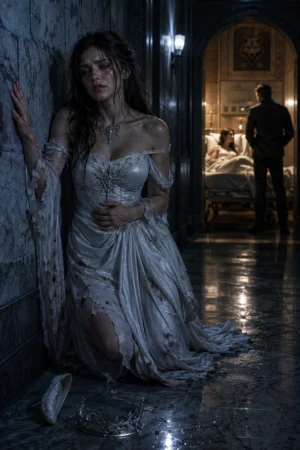 A betrayed Luna pressing against a hospital wall as her Alpha tends to another — The Hollow Luna Who Got Betrayed on TrendNovel