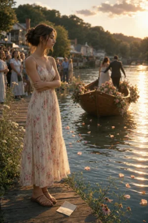 A woman alone at a riverside dock watching her wedding boat float away with another woman — The Marriage License For Me The Boat For His Regret on TrendNovel