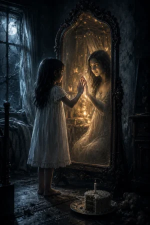 A neglected girl reaching toward a glowing mirror mom on her birthday — cover for The Mom in the Mirror Wants to Take Me Away on TrendNovel
