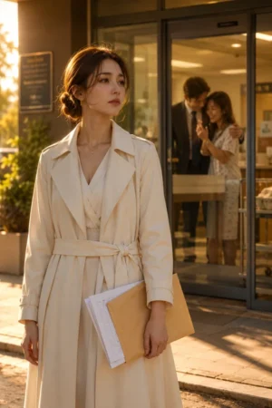 A woman standing alone outside a hospital holding divorce papers — cover image for The Spark He Showed Her the Flame I Lost on TrendNovel