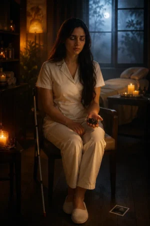 A blind woman sitting alone in candlelight holding a burnt toy — cover for Three Years Blind, One Song Broken on TrendNovel