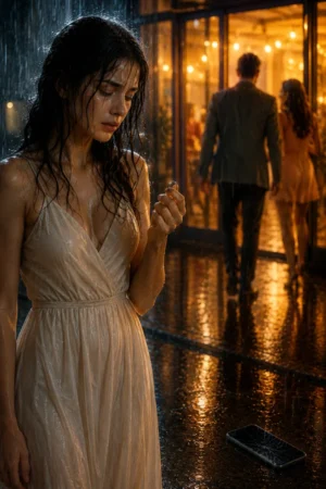 A woman standing in the rain removing a ring tab — cover for You Kept Me Waiting While Loving Her on TrendNovel